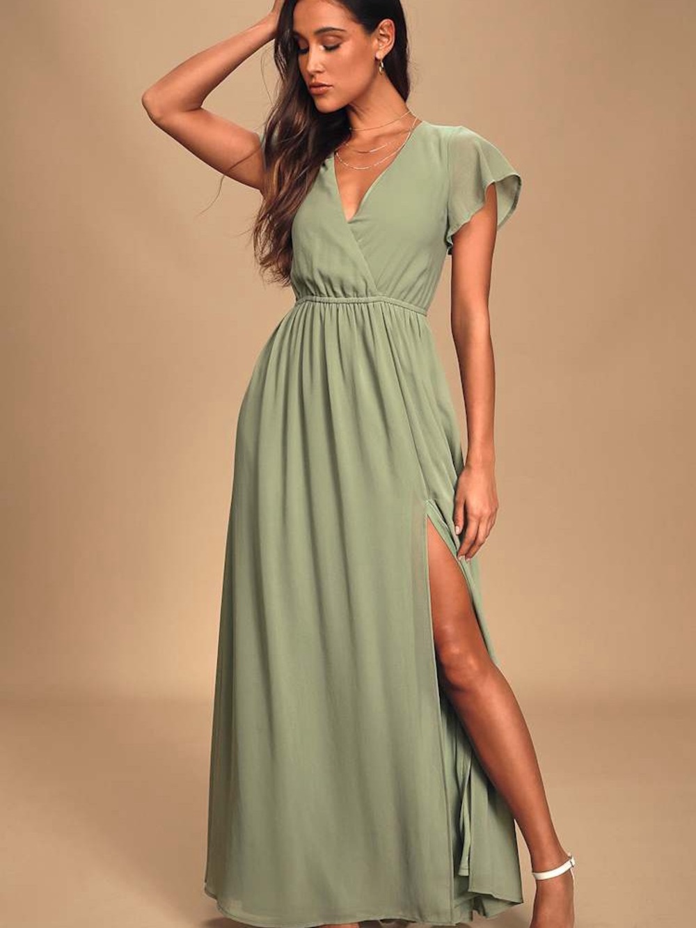 Lulu's Sage Green Flutter Sleeve Maxi Dress